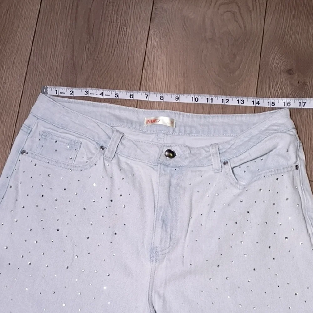 Stylish‎ Light Blue Wide Leg Jeans with Rhinestones